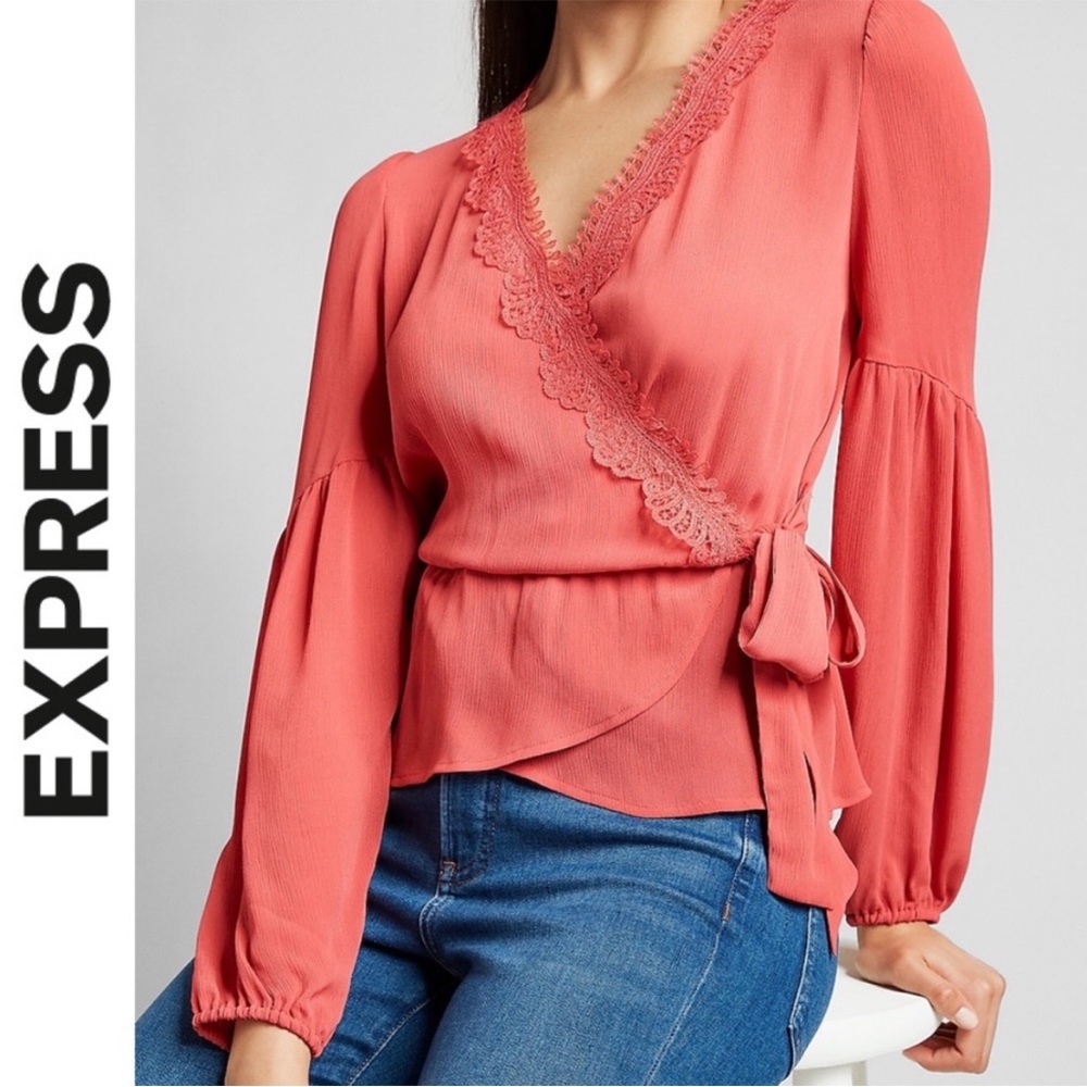 Express Blouse Lace Trim Wrap Front Peplum Top